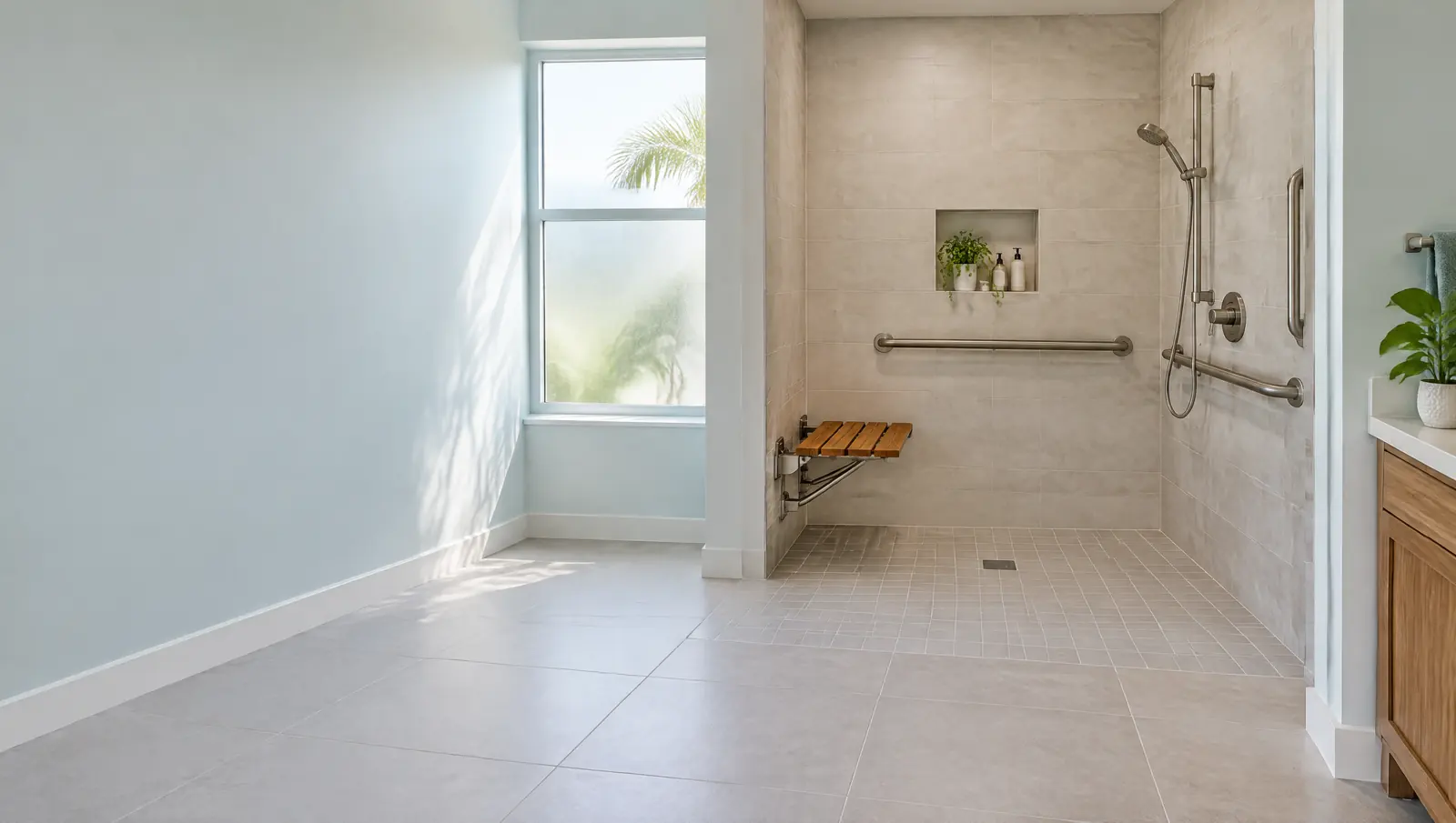 Accessible bathroom with a curbless shower, fold-down seat, grab bars and a wide doorway