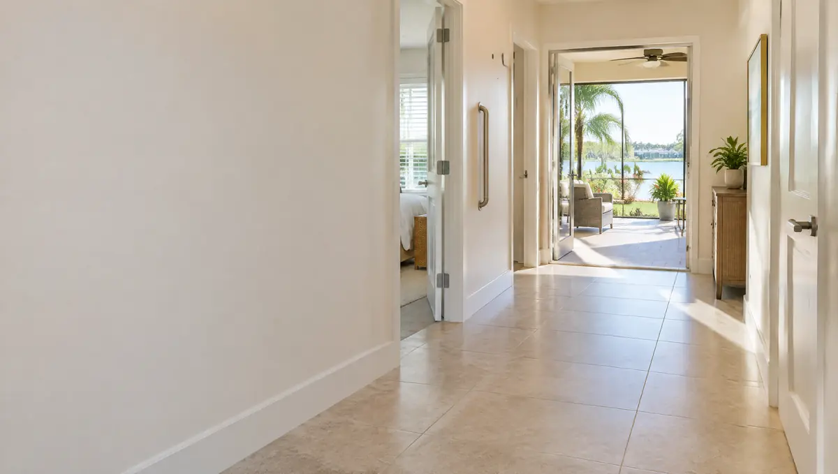 Wide, bright hallway with a grab bar, lever handles and a level doorway out to a lanai