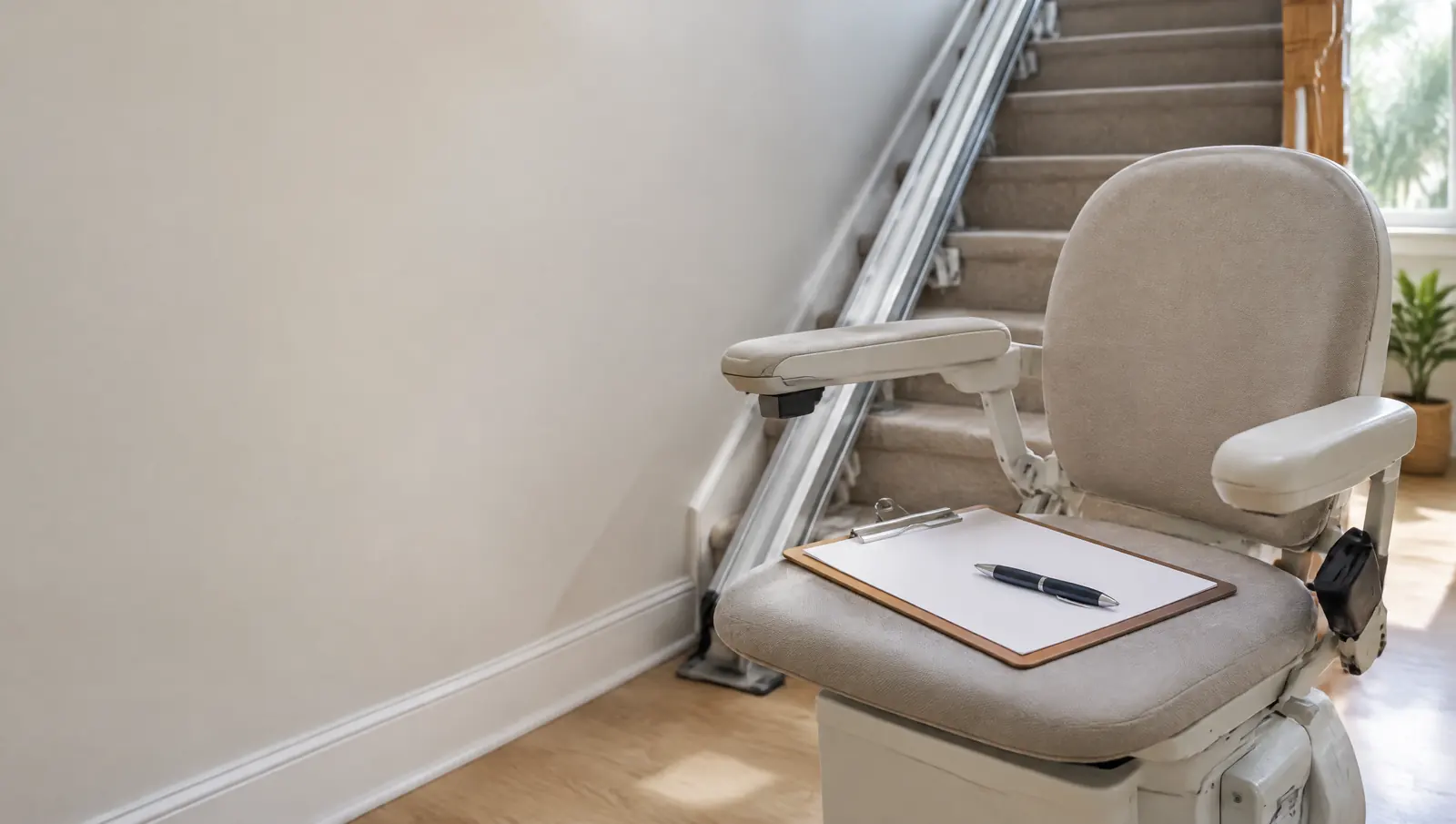 Clipboard with a blank sheet resting on the seat of a stair lift at the bottom of the stairs