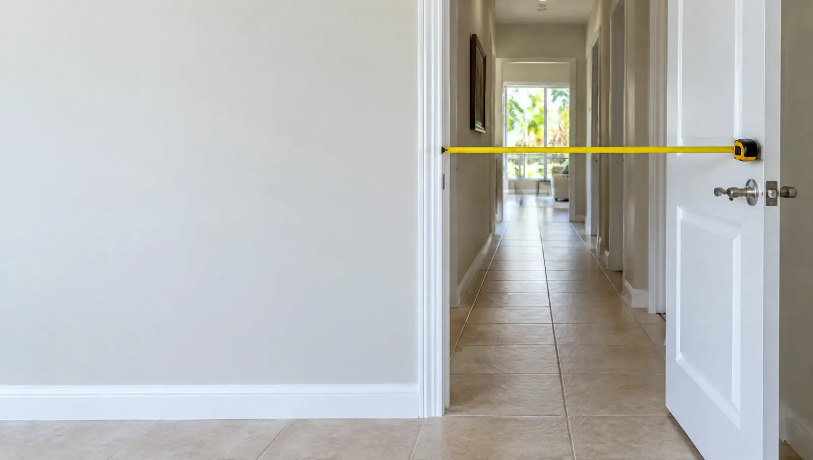 Tape measure stretched across an interior doorway to check its clear width