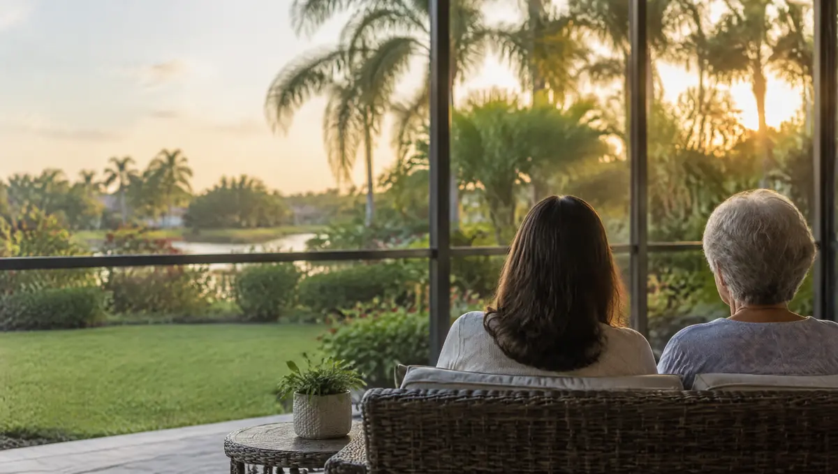 Adult and older parent seen from behind, sitting together on a screened lanai looking at a garden