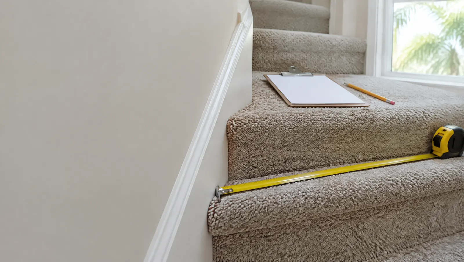 Tape measure stretched along a stair tread with a clipboard and pencil resting on the step