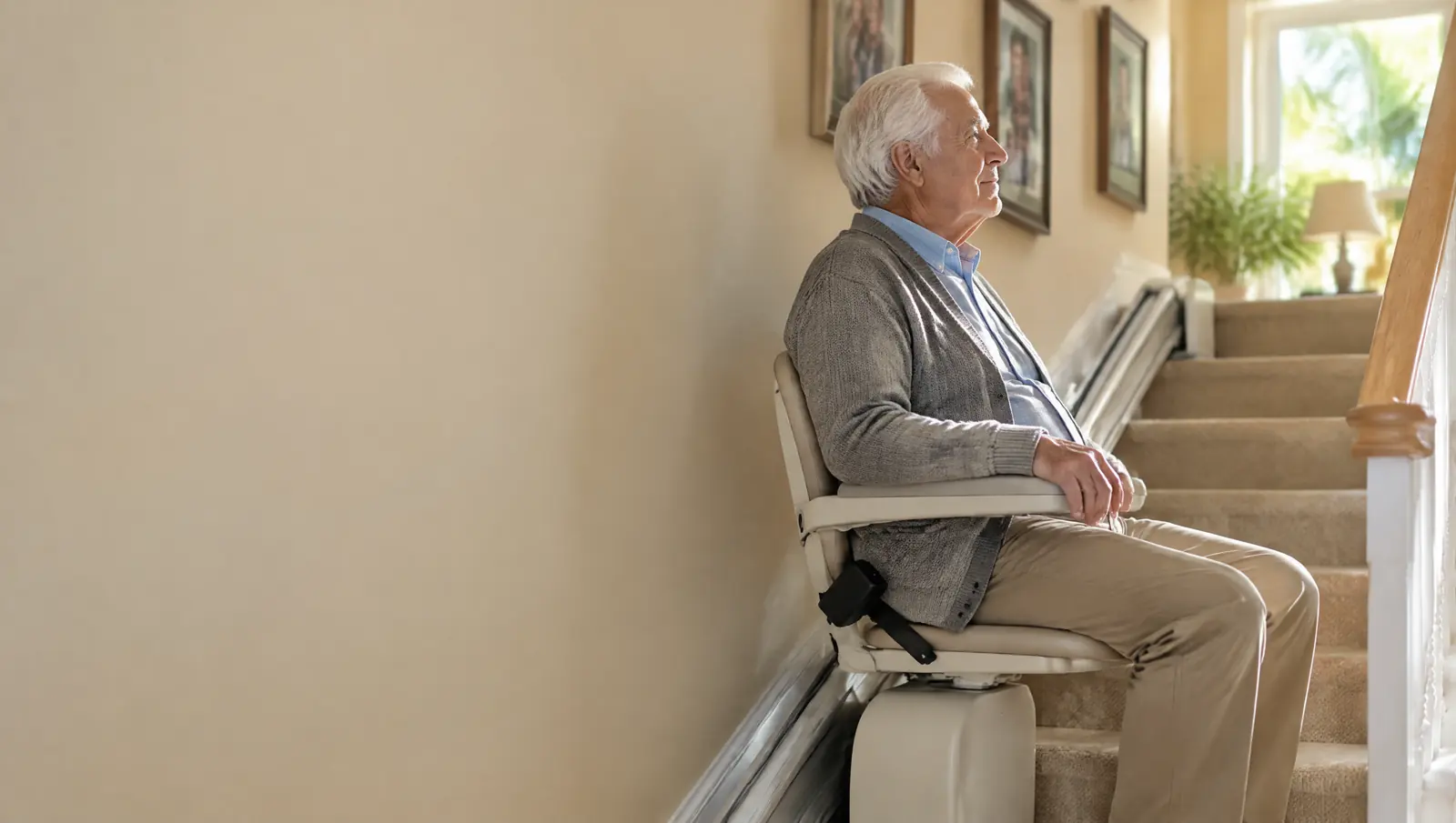 Older man seated on a stair lift partway up a carpeted staircase at home, holding the armrest