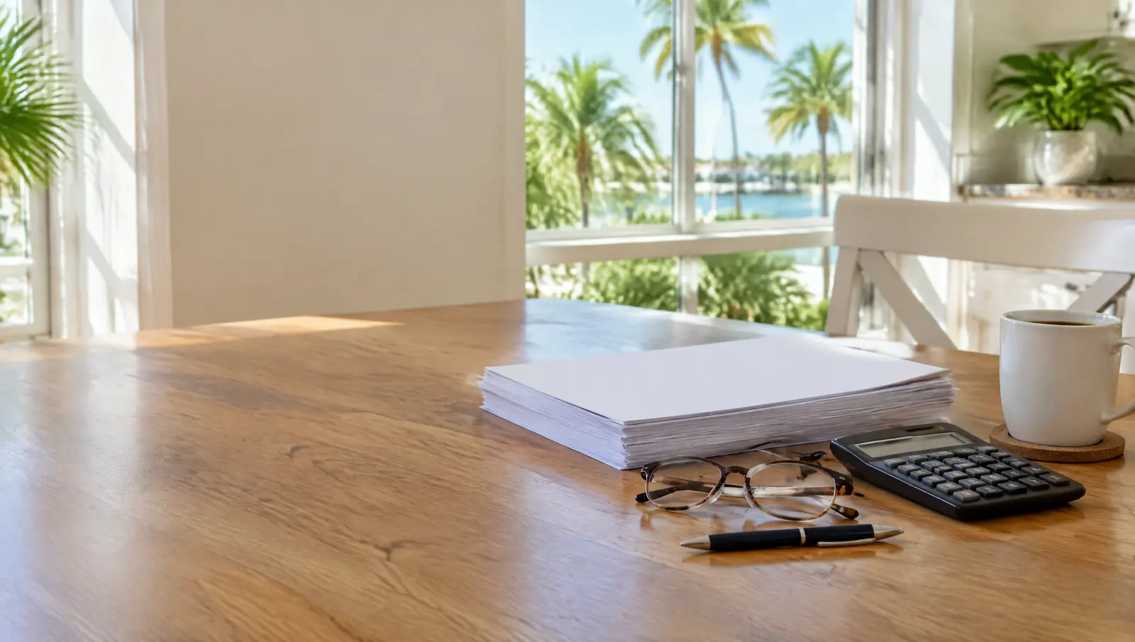 Kitchen table with blank paperwork, a calculator, a pen, reading glasses and a cup of coffee