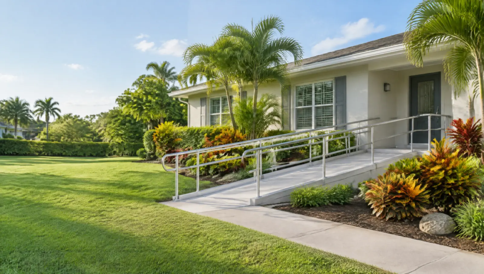 Long concrete ramp with handrails rising alongside the front of a single-storey Florida home