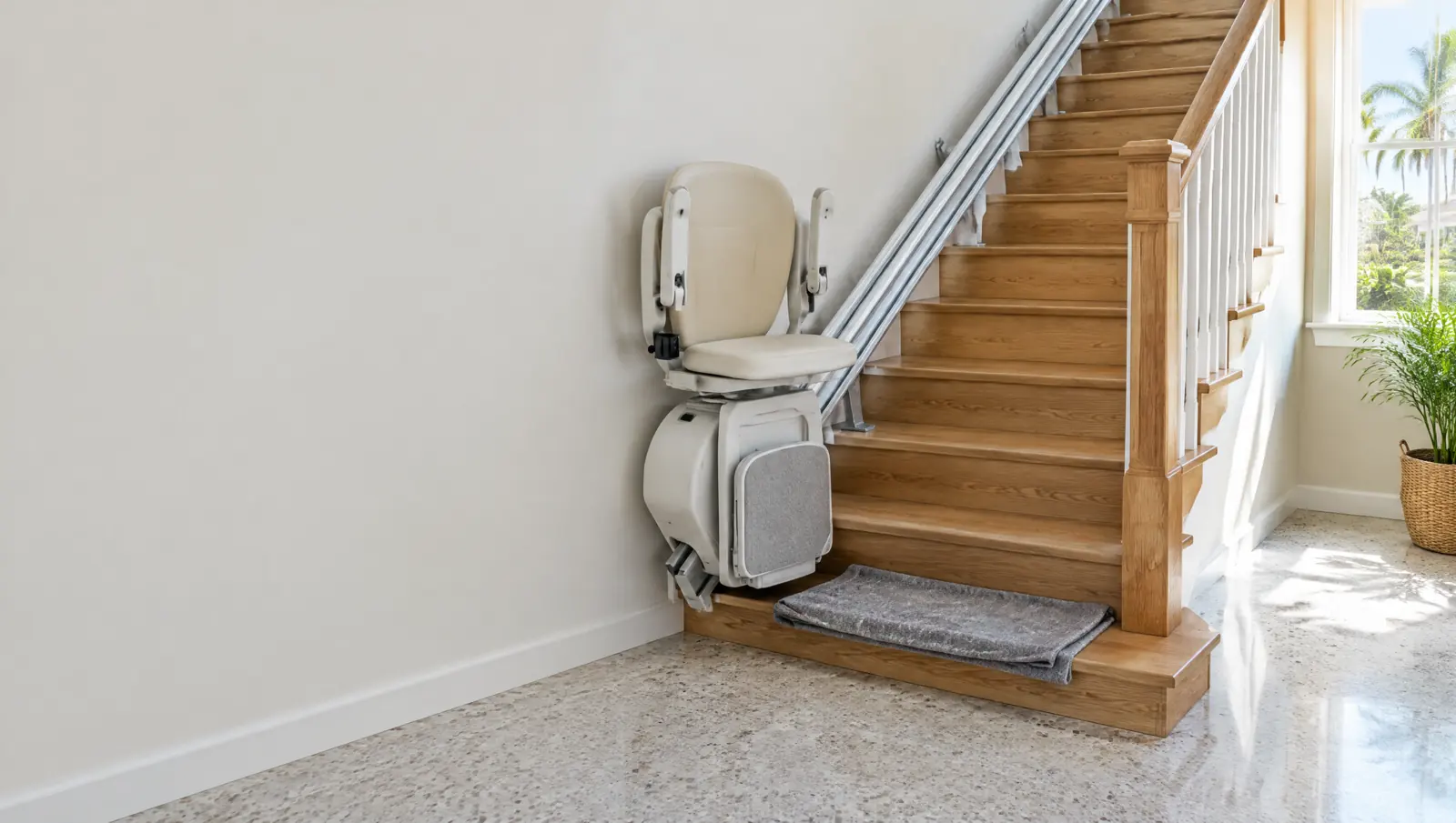 Straight stair lift with a cream seat on a light oak staircase, a folded dust sheet on the bottom step