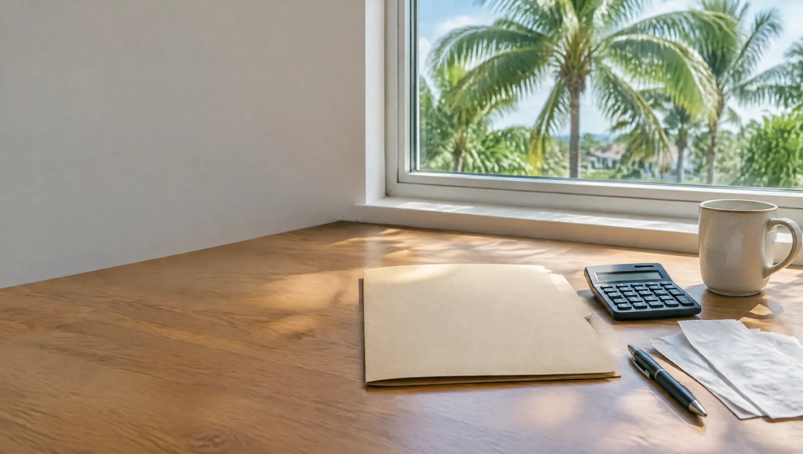 Home desk with a closed folder, calculator, pen and receipts turned face down beside a window