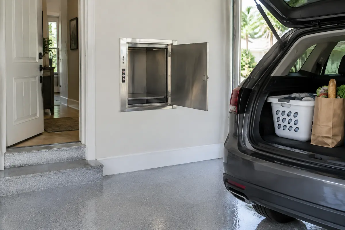 Dumbwaiter opening in a garage wall next to the house door, with a laundry basket inside