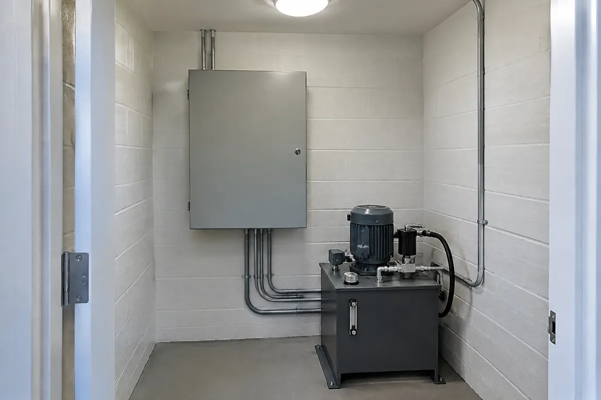 Small closet with a closed grey elevator controller cabinet, a hydraulic pump unit and neat conduit