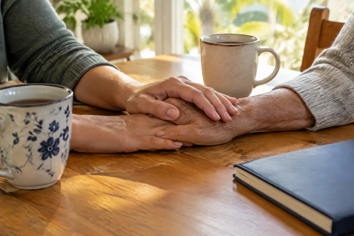 An adult's hand resting on an older parent's hand beside two coffee mugs on a kitchen table
