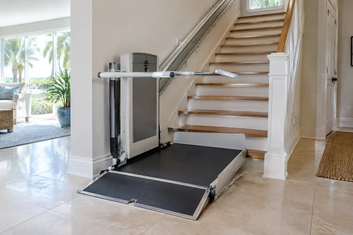 Inclined platform lift unfolded at the foot of a straight staircase, its platform and side arms lowered