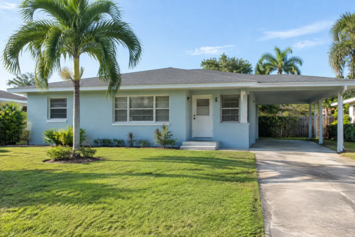 1960s single-storey concrete block ranch home with two front steps and a carport