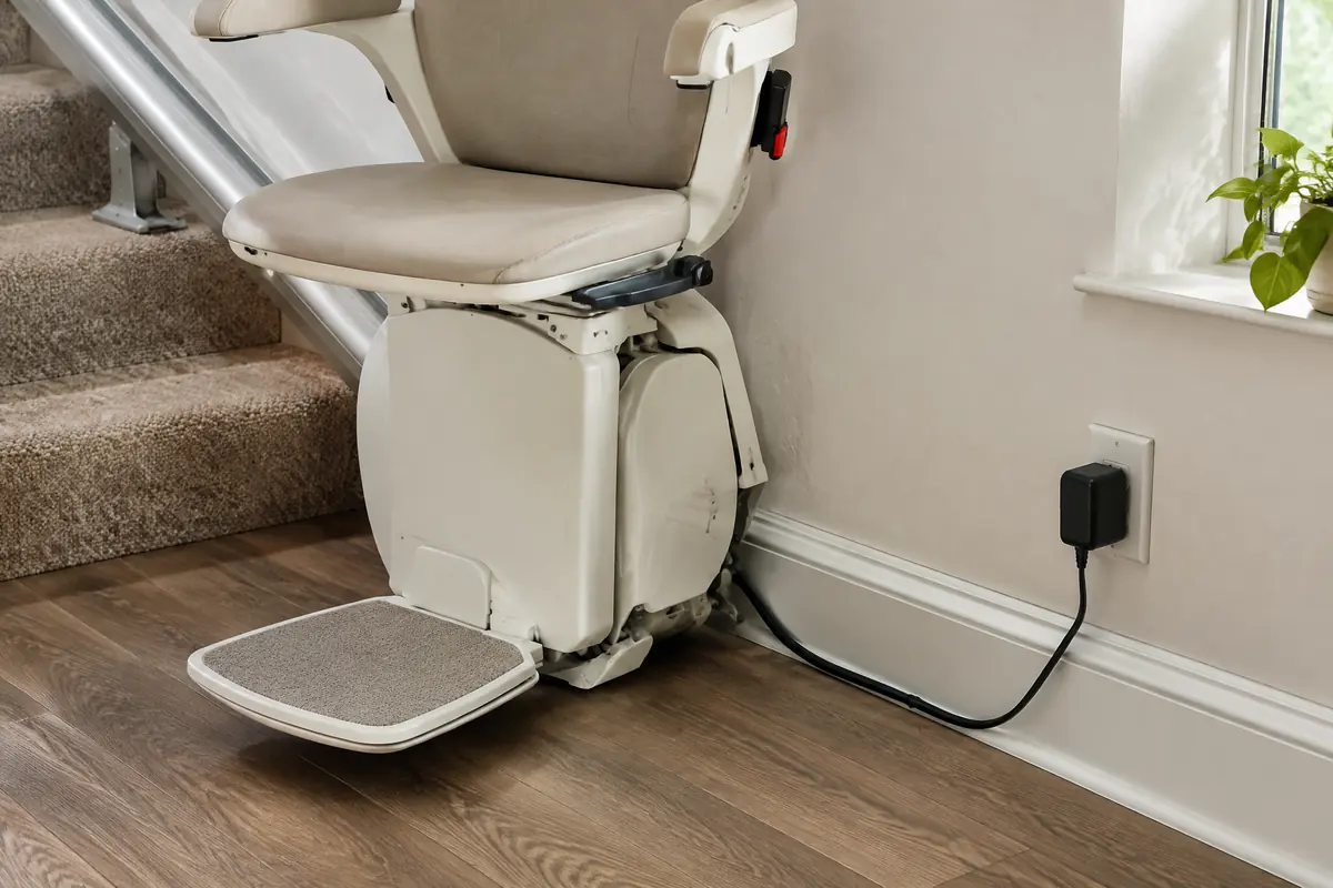 Bottom end of a stair lift rail with the chair parked at its charging point beside a wall outlet