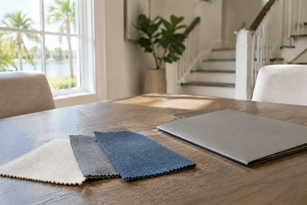 Fabric swatches and a closed folder on a dining table with a staircase in the background